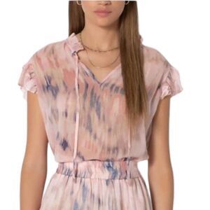 NWT Zosia Tie Dye Split Tie Neck Cap Sleeve Ruffled Top, Size S